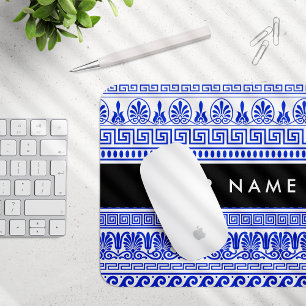Greek Fret, Mixed Meander Key, Blue, Your Name Mouse Mat