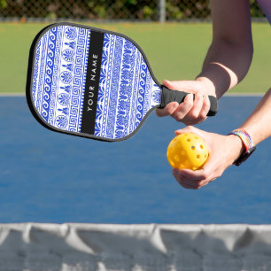 Greek Fret, Mixed Meander Key, Blue, Your Name Pickleball Paddle