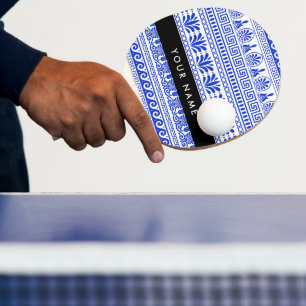 Greek Fret, Mixed Meander Key, Blue, Your Name Ping Pong Paddle