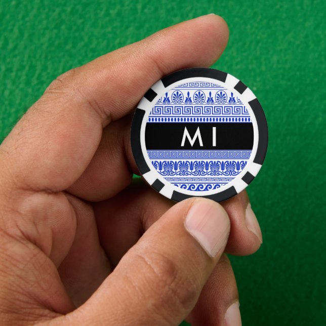 Greek Fret, Mixed Meander Key, Blue, Your Name Poker Chips (Hand)