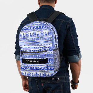Greek Fret, Mixed Meander Key, Blue, Your Name Printed Backpack