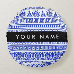 Greek Fret, Mixed Meander Key, Blue, Your Name Round Cushion