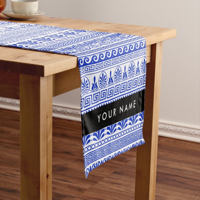 Greek Fret, Mixed Meander Key, Blue, Your Name Short Table Runner (In Situ)