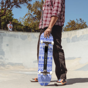 Greek Fret, Mixed Meander Key, Blue, Your Name Skateboard