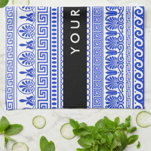Greek Fret, Mixed Meander Key, Blue, Your Name Tea Towel