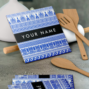 Greek Fret, Mixed Meander Key, Blue, Your Name Tile