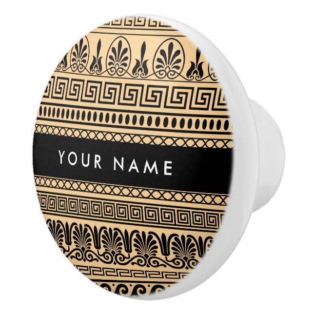 Greek Fret, Mixed Meander Key, Brown, Your Name Ceramic Knob (Right)