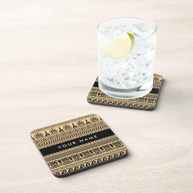 Greek Fret, Mixed Meander Key, Brown, Your Name Coaster (Right Side)