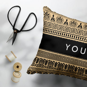 Greek Fret, Mixed Meander Key, Brown, Your Name Decorative Cushion