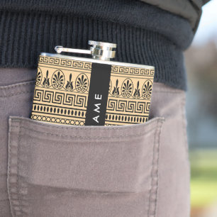 Greek Fret, Mixed Meander Key, Brown, Your Name Hip Flask
