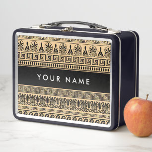 Greek Fret, Mixed Meander Key, Brown, Your Name Metal Lunch Box