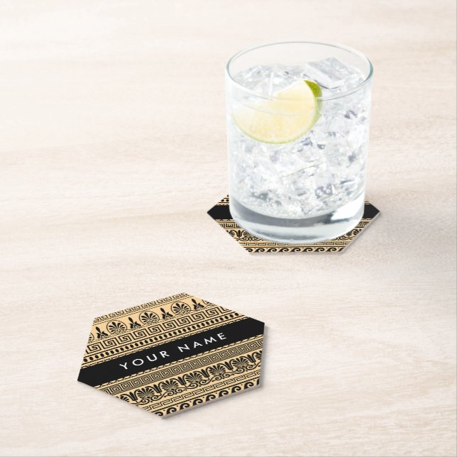 Greek Fret, Mixed Meander Key, Brown, Your Name Paper Coaster (Insitu)