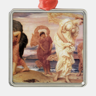 Greek Girls Picking up Pebbles on a Sandy Beach Metal Tree Decoration