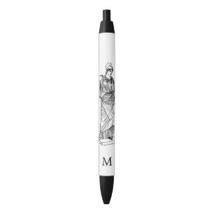 Greek Goddess Athena & Monogram on white Black Ink Pen