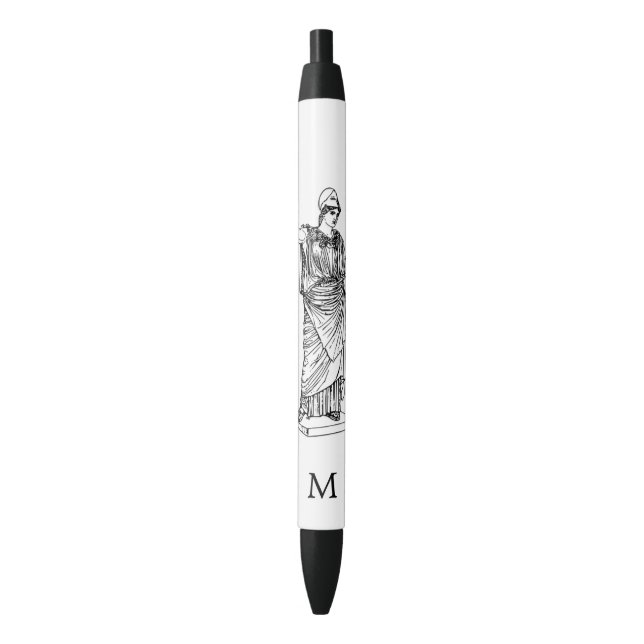 Greek Goddess Athena & Monogram on white Black Ink Pen (Front Vertical)