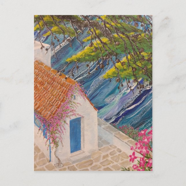 Greek Holidays Blue and Pink Postcard (Front)