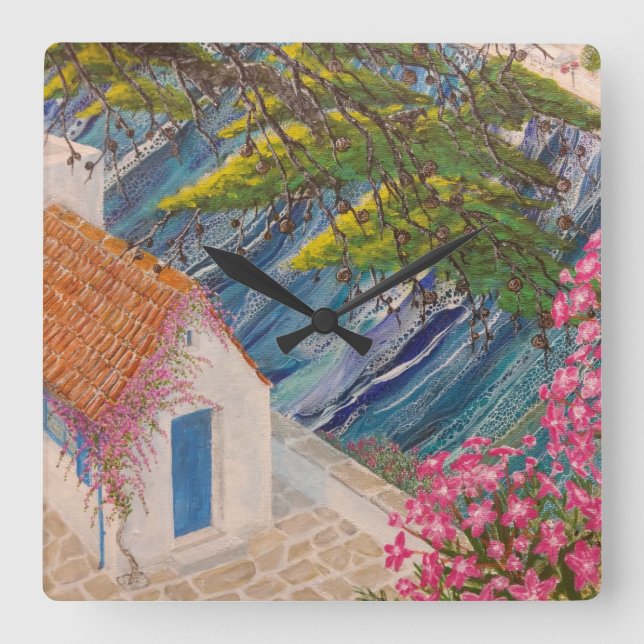 Greek Holidays Blue and Pink Square Wall Clock (Front)