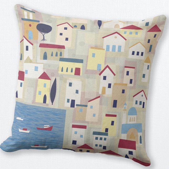 Greek Island Fishing Village Art Cushion (Greek island fishing village abstract art throw pillow)