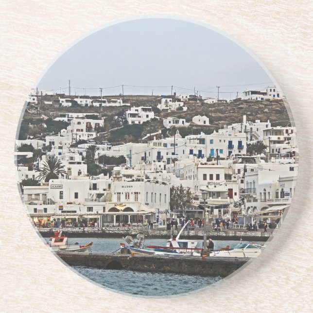 Greek Island Port with boats and homes Rd Coaster (Front)