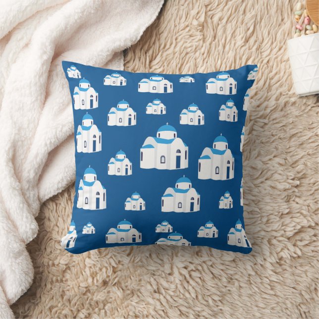 Greek Island Santorini Blue Dome Church  Cushion (Blanket)