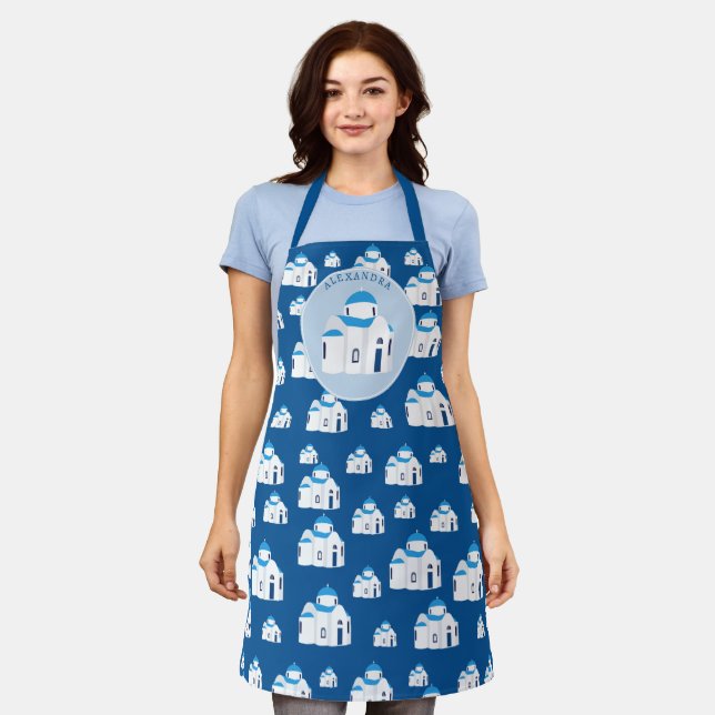 Greek Island Santorini Blue Dome Church Monogram Apron (Worn)