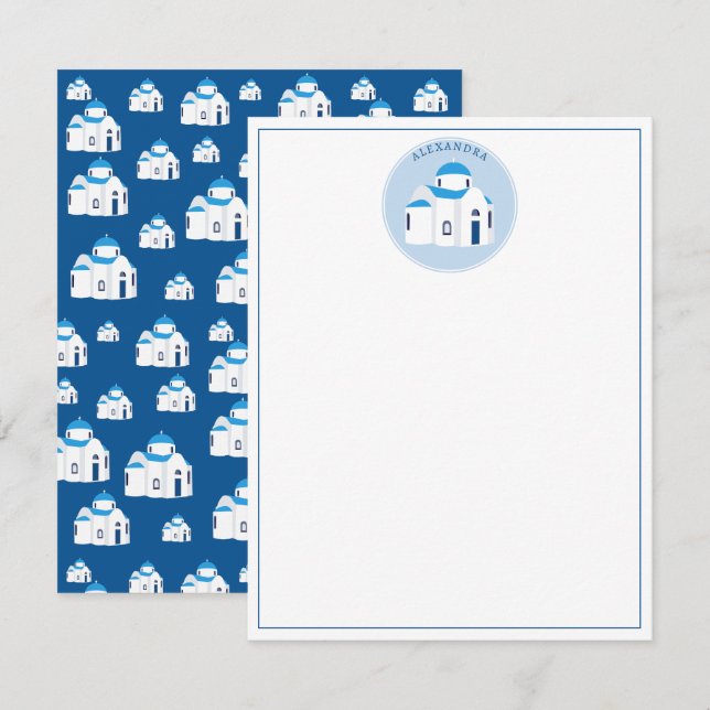 Greek Island Santorini Blue Dome Church Monogram Card (Front/Back)