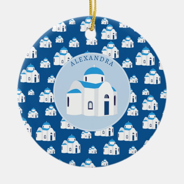 Greek Island Santorini Blue Dome Church Monogram Ceramic Tree Decoration (Front)