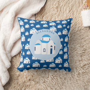 Greek Island Santorini Blue Dome Church Monogram Cushion