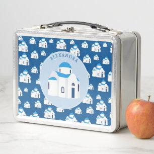 Greek Island Santorini Blue Dome Church Monogram Metal Lunch Box