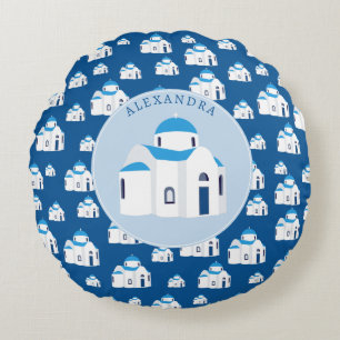 Greek Island Santorini Blue Dome Church Monogram Round Cushion