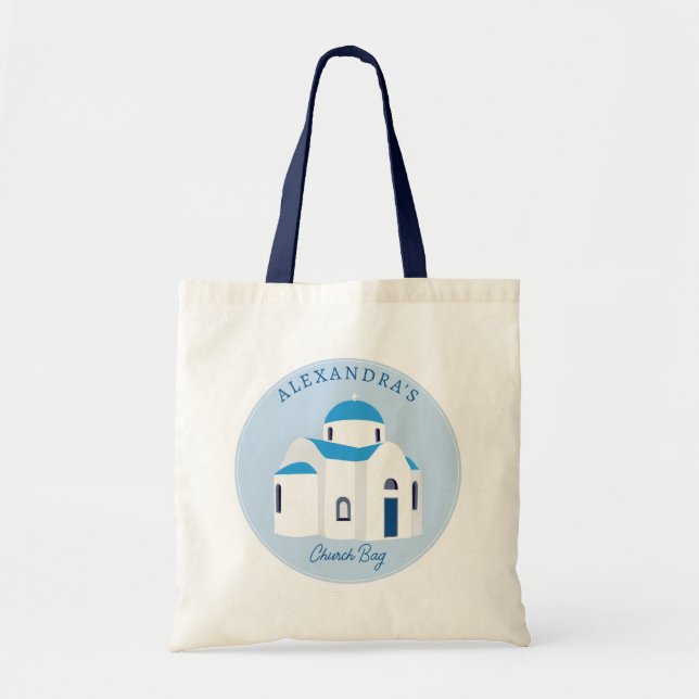 Greek Island Santorini Blue Dome Church Monogram Tote Bag (Front)