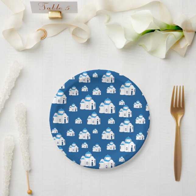 Greek Island Santorini Blue Dome Church  Paper Plate (Wedding)