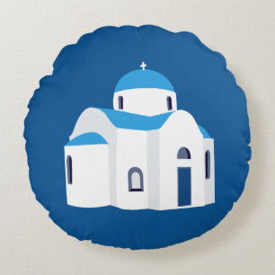 Greek Island Santorini Blue Dome Church  Round Cushion