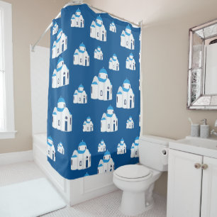 Greek Island Santorini Blue Dome Church Shower Curtain