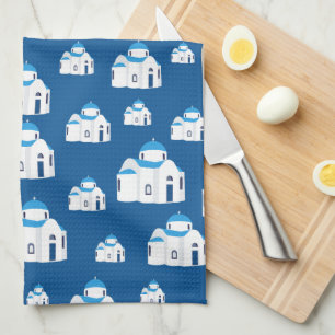 Greek Island Santorini Blue Dome Church  Tea Towel