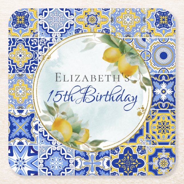 Greek Italian Blue Tiles Lemons Gold Glitter Frame Square Paper Coaster (Front)