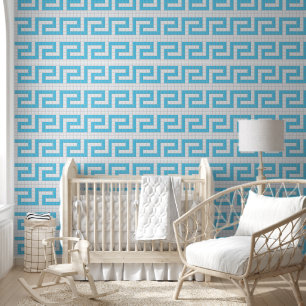 Greek Key Aegean Blue on White Faux Mosaic Wallpaper