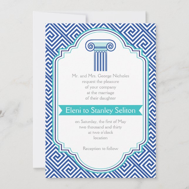 Greek key and aqua, blue column Grecian wedding Invitation (Front)