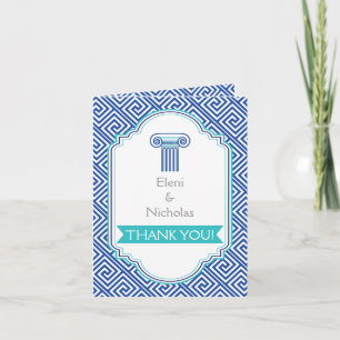 Greek key and aqua blue column wedding Thank You