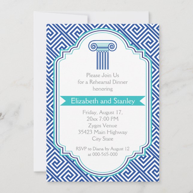 Greek key and blue column wedding rehearsal dinner invitation (Front)
