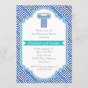 Greek key and blue column wedding rehearsal dinner invitation