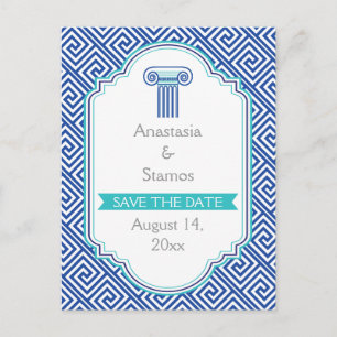 Greek key and blue column wedding Save the Date Announcement Postcard