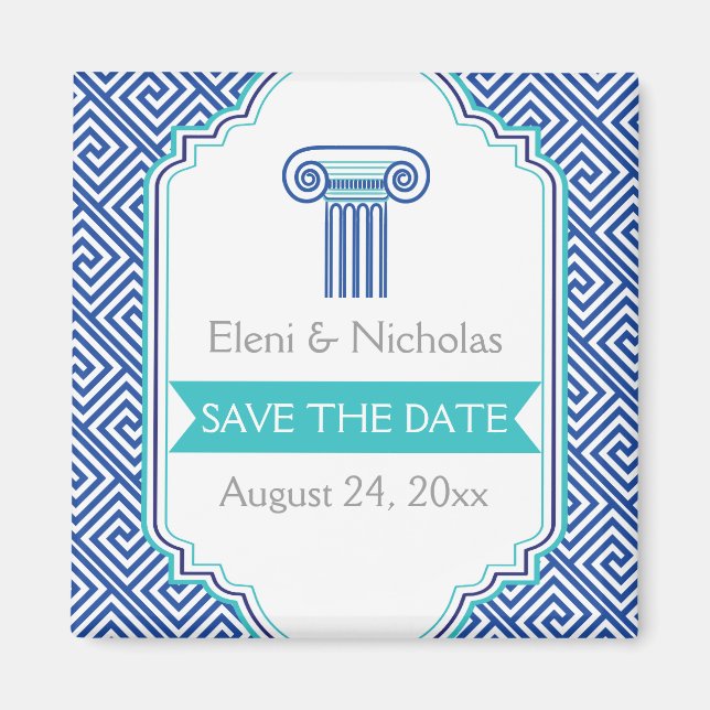 Greek key & aqua blue column wedding Save the Date Magnet (Front)