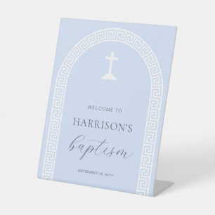 Greek Key Arch Blue Baptism Welcome Pedestal Sign