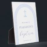 Greek Key Arch White Blue Baptism Welcome Sign Plaque<br><div class="desc">This design features a minimalist Greek key design with fully editable text. For more advanced customisation of this design,  simply select the "Customise It" button above.</div>