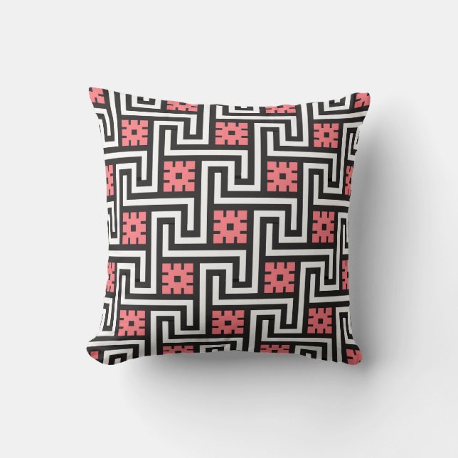 Greek Key, Black, White and Coral Pink Cushion (Front)