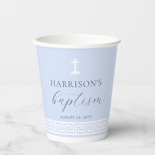 Greek Key Blue Baptism Paper Cups (Front)
