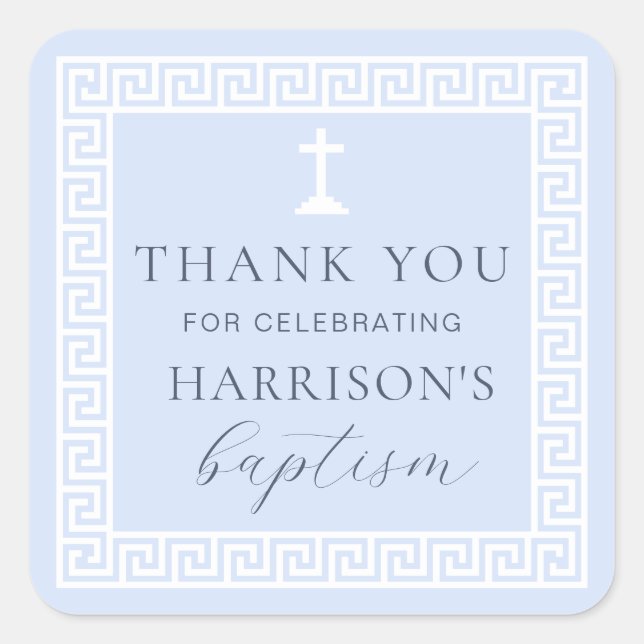 Greek Key Blue Baptism Thank You Square Sticker (Front)