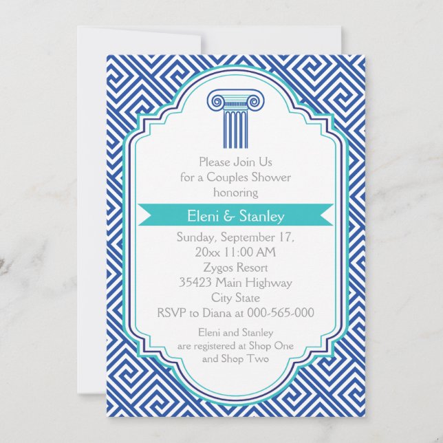 Greek key & blue column couples wedding shower invitation (Front)