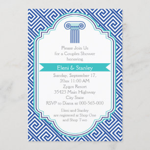 Greek key & blue column couples wedding shower invitation